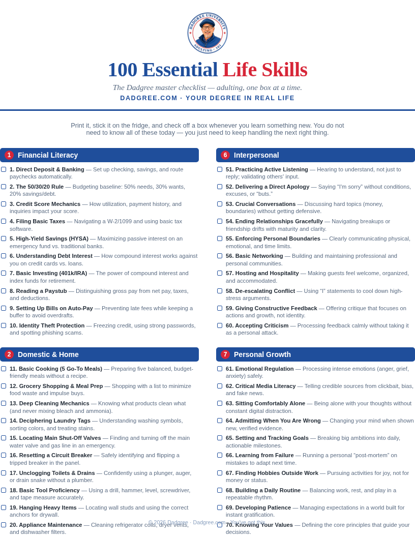 The 100 Essential Life Skills checklist